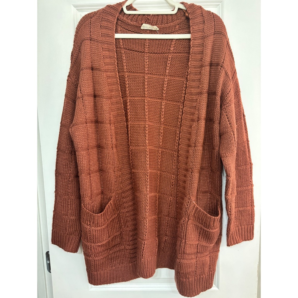 New In Women Rust Orange Grid Knit Open Front Cardigan Sweater Size Medium Soft